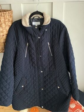 Laundry By Shelli Segal Quilted Navy Coat with Sherpa Collar